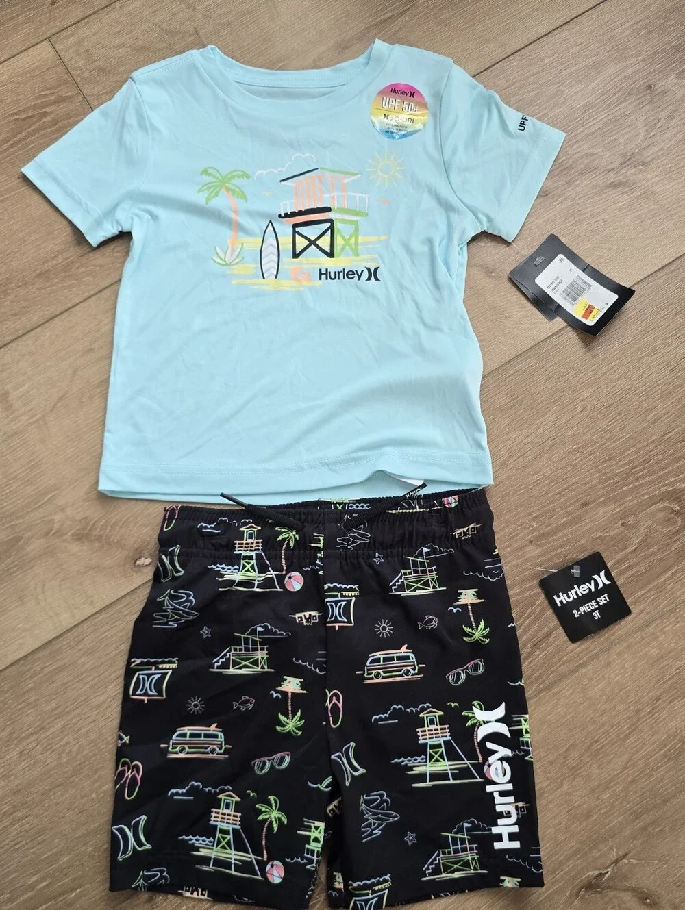 Hurley UPF H20 DRI Lifeguard Rash Guard Top & Swim Trunks 2-Piece Set 3t 2t